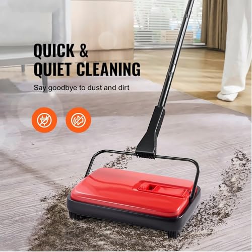 Carpet Sweeper Manual - Floor Sweeper for Pet Hair & Dust, 6.7" Cleaning Width, 300ml Dustbin, Red, Cordless Home Office Carpet Cleaning