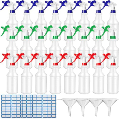 Zubebe 24 Pack 32 oz Plastic Spray Bottle Bulk Empty Leakproof Heavy Duty Spray Bottles for Cleaning Supplies Mist Bottles with Label and Adjustable Nozzle for Plant(Blue, Red, Green,Clear Scale) - color: Blue, Red, Green, style: Clear Scale
