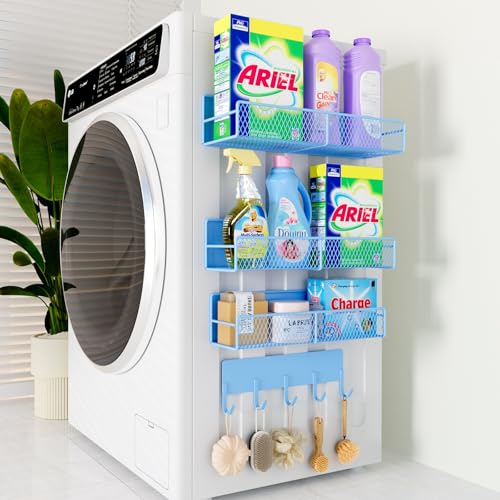 4 Pack Magnetic Shelves for Washing Machine, Heavy-Duty Magnetic Laundry Organizer with Hooks, Washing Machine Shelf for Refrigerator, Metal Storage Baskets, Closet & Laundry Room Organization (Blue) - color: Blue, size: 4 Pack (11.3"-12.4")