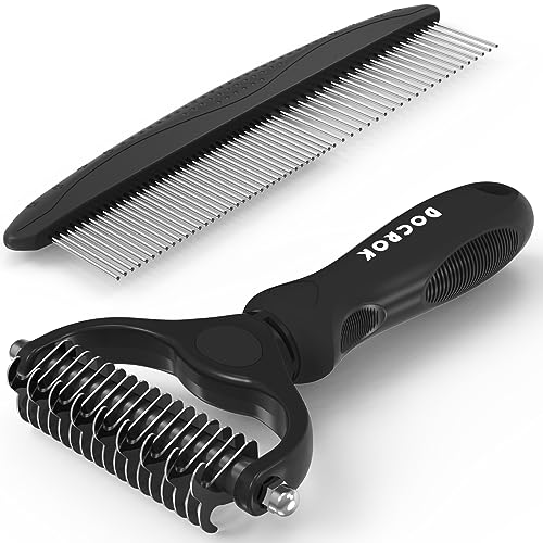 Docrok Pet Grooming Combo: Undercoat Rake, Dematting Deshedding Brush for Long-Haired Dogs and Cats, Black - color: Black