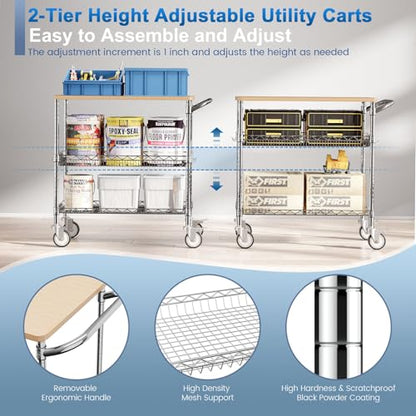 Leteuke Rolling Kitchen Carts with Wheels, 34" L x 17.5" W, 3-Tier Heavy Duty Utility Cart with Wood Tabletop, NSF Commercial Metal Serving Cart with Handle and Shelf Liner for Kitchen, Chrome - color: Wood-chrome