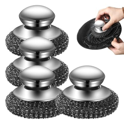 Steel Wool Scrubber with Handle, Upgrade Heavy Duty Stainless Steel Dish Scrubber for Cleaning Dishes, Iron Pots, Stoves, Kitchen Sink (4 pcs) - color: 4 Pcs