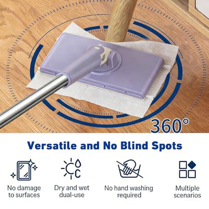 Snap Grip Mini Mop,Cloth Changing Mini Mop,360 Rotating Wet Dry for Whole House Cleaning,Foldable 35inch Retractable Long Handle Mopping Stick (Purple,1*p+6*Cloth)