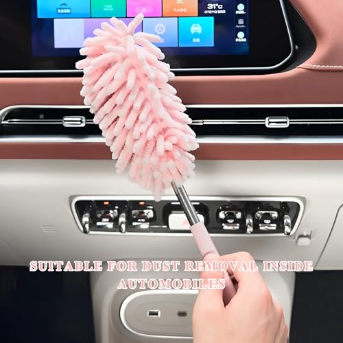 2PCS Car Interior Duster with Extension Pole, 11.8" to 30.5" Retractable Dusters Auto Dash Cleaning Tool, Soft Chenille Hand Washable Dusters for Car Window Furniture Office (Light Pink) - color: Light Pink
