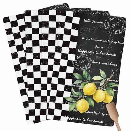 Kitchen Towels Yellow Lemon Dish Cloths Black White Buffalo Check Plaid Dish Towel Cleaning Cloth Ultra Soft Absorbent Quick Drying 4 Pack Hand Towels for Kitchen, Bathroom - color: Black Yellow, size: 4PCS