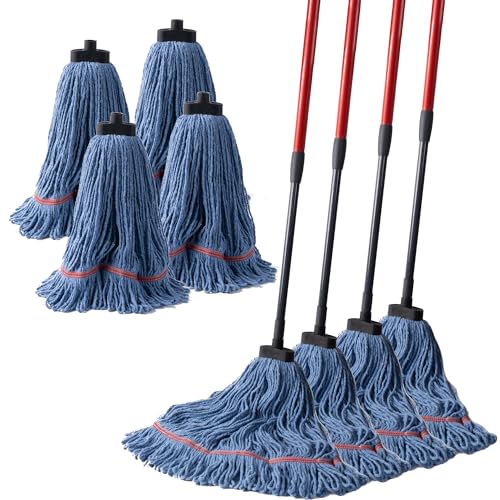 Matthew Large Commercial&Residential Mop Heavy Duty Industrial Mops w/Screw-on Handle(Fit Standard American Screw) Looped-End String Wet Cotton Mops for Home,Office,School - 4 Set&4 Mop Replacements - color: Medium Mop Stick(screw-on), size: 4 Looped End