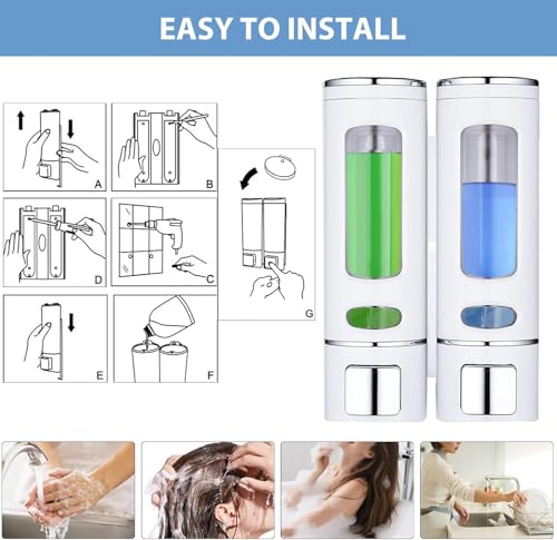 White Wall Mounted Hand Soap Dispenser, 13.5oz/400ml Shower Pump, Clear Refillable Liquid Lotion Soap Dispenser, Gel Container Shower Pump Dispenser and Organizer for Bathroom Kitchen, 2 Chamber - color: White