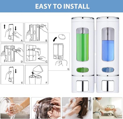 White Wall Mounted Hand Soap Dispenser, 13.5oz/400ml Shower Pump, Clear Refillable Liquid Lotion Soap Dispenser, Gel Container Shower Pump Dispenser and Organizer for Bathroom Kitchen, 2 Chamber - color: White