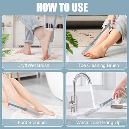 OWIIZI Toe Cleaning Brush 15.7" Foot Scrubber in Shower with Long Handle Silicone Gap Brush Between Toes Cleaner Soft Feet Care Scrub for Seniors,Elderly, Men and Women- 2Pack - color: Grey