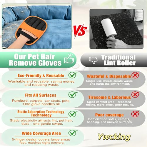 2 Pack Pet Hair Removal Gloves, Reusable Electrostatic Dog Cat Hair Remover Glove for Furniture Car Seats Clothing, Washable Grooming Mitts for Shedding-Orange | 2 Pack Pet Hair Removal Gloves