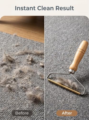 2 Pcs Carpet Rake for Pet Hair Removal, Dog Hair Remover for Rugs & Car Carpet, Manual Lint Scraper with Wooden Handle & Double Sided Copper Blade