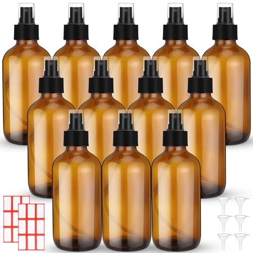 Norme 12 Pcs 8 oz Glass Spray Bottles with Funnels and Labels Refillable Cosmetic Empty Spray Bottles with Sprayer Containers for Essential Oil Cleaning Solutions(Amber,Stylish) - color: Amber, style: Stylish