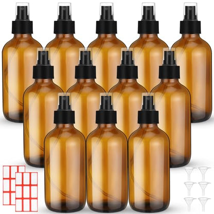 Norme 12 Pcs 8 oz Glass Spray Bottles with Funnels and Labels Refillable Cosmetic Empty Spray Bottles with Sprayer Containers for Essential Oil Cleaning Solutions(Amber,Stylish) - color: Amber, style: Stylish