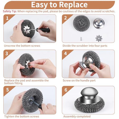 4pcs Steel Wool Scrubber with Replacement Wire Sponge Pads Set, Stainless Steel Scrubber with Handle for Scouring Stubborn Messes from Cast Iron, Pots, Pans, Grill, Stoves, Sink(2 Scrubber+2 Pads)