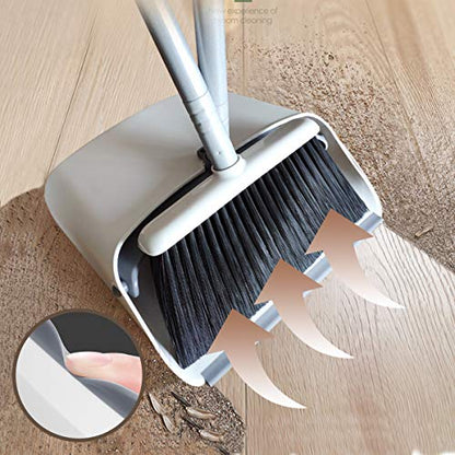 Broom and Dustpan Set, JEHONN Long Handle Lightweight Broom Set Upright Standing Dustpan Stand Up Store Sweep Set for Home Room Kitchen Office Lobby - color: Gray and White