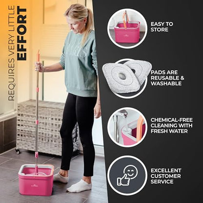 Spin Mop and Bucket Set with Wringer – Dual-Chamber Self Wringing Mop, Flat Microfiber Mop for Hardwood, Tile & Vinyl Floors, 2 Washable Replacement Heads, 63" Handle, Pink - color: Pink