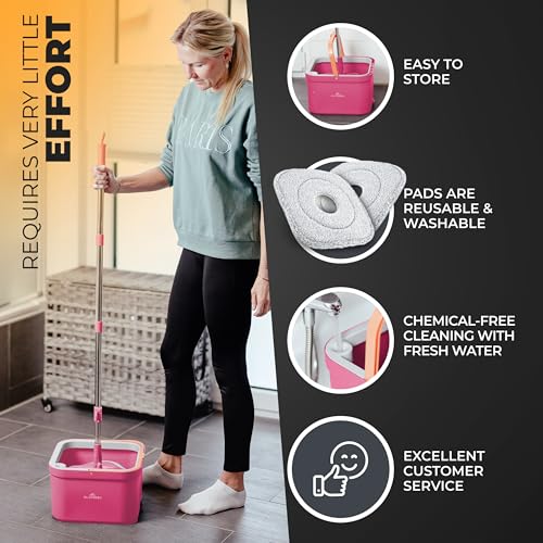 Spin Mop and Bucket Set with Wringer – Dual-Chamber Self Wringing Mop, Flat Microfiber Mop for Hardwood, Tile & Vinyl Floors, 2 Washable Replacement Heads, 63" Handle, Pink - color: Pink