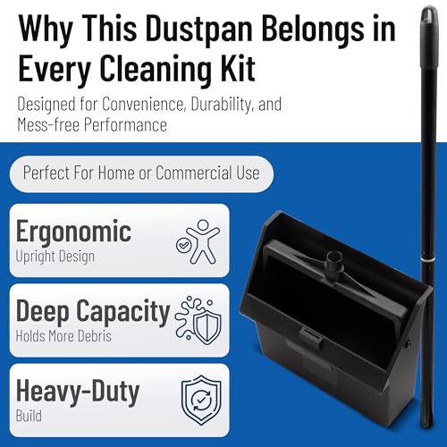 Carlisle FoodService Products Standing Dustpan – Dust Pan with Handle, Serrated Edge, Pivoting Pan Design, for Home, Kitchen, Lobby, or Office, 30 Inch Plastic, Black - style: 2-Piece Handle