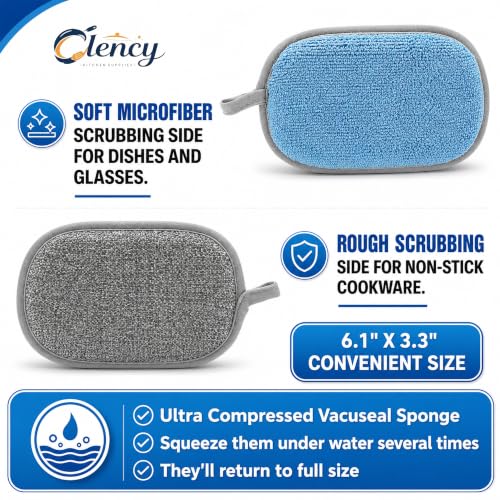 Clency Non-Scratch Kitchen Sponges, 6 Pack Dual-Sided Dish Sponges for Washing Dishes, Safe for Nonstick Cookware, Reusable Scrubber Cleaning Set with 2 Silicone Cleaning Gloves