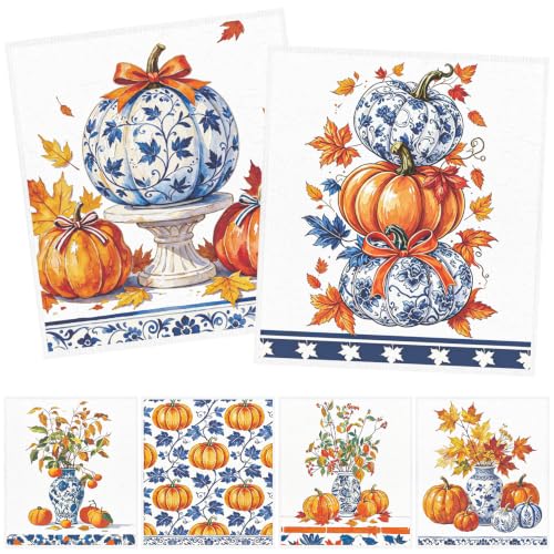 Fall Swedish Dishcloths for Kitchen, 6 Pack Blue-and-White Porcelain Reusable Cellulose Sponge Paper Towels Washable, Fast Drying Swedish Dish Cloth for Home Cleaning - style: Blue-and-White Porcelain