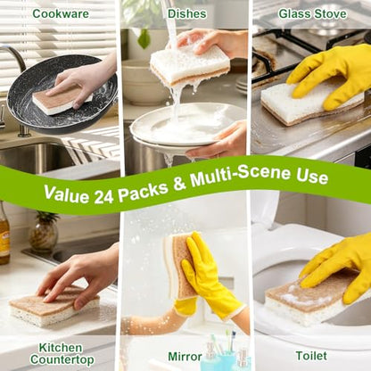 HOMEXCEL Sponges Kitchen, 24 Packs Non-Scratch Natural Sponge for Dishes Cookware, Biodegradable Cellulose Scrub Sponges for Dishwashing Cleaning Household Bathroom - color: Brown-s Shape