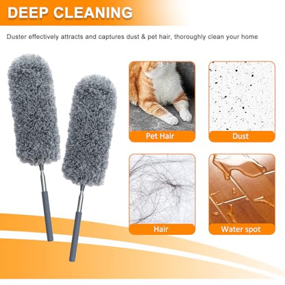 2 Pack Mini Microfiber Feather Duster for Cleaning, with Extendable Pole, Hand Washable Dusters, Cleaning Tools for Office, Car, Window, Furniture