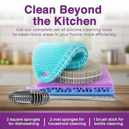 Silicone Dish Scrubber Sponges (5-Pack) - Dual-Sided Silicone Scrubbers and 1 Bottle Stick Brush - Food Grade Kitchen Scrubbers for Dishes - BPA-Free Sponges - color: 4sponges+ Stick