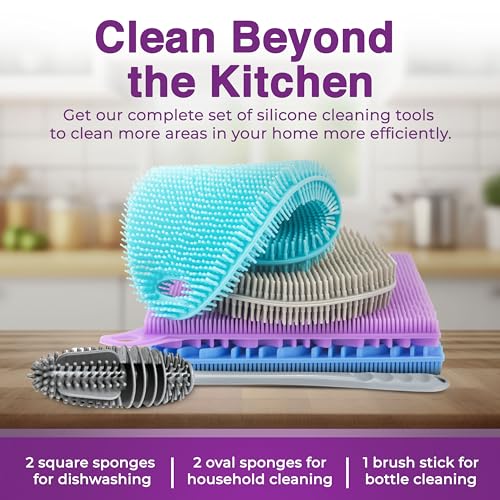 Silicone Dish Scrubber Sponges (5-Pack) - Dual-Sided Silicone Scrubbers and 1 Bottle Stick Brush - Food Grade Kitchen Scrubbers for Dishes - BPA-Free Sponges - color: 4sponges+ Stick