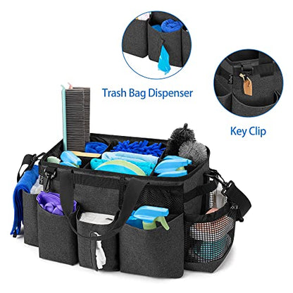 LoDrid Wearable Cleaning Caddy Bag with 4 Foldable Dividers, Cleaning Supply Organizer with Shoulder Strap and Side Handles for Cleaners & Housekeepers, Black - color: Black