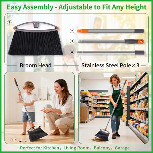 2 Pack Stiff Bristle Broom for Sweeping Indoor, Heavy Duty Broom with Collapsible Handle, Ideal for Indoor Outdoor Hardwood Floors Kitchen Salon Camping Cat Pets Hair Home Room Office, Gray - size: Unflagged Bristle-2 Pack