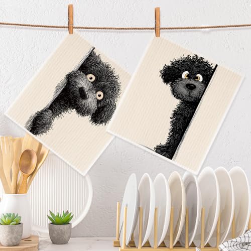 2 Pcs Cartoon Peeking Teddy Dog Swedish Dishcloths for Kitchen, Absorbent Reusable Paper Towels, Cute Puppy Geometry Kitchen Towels for Bathroom Home, Dog Lover Gifts for Women - color: Sz 0751