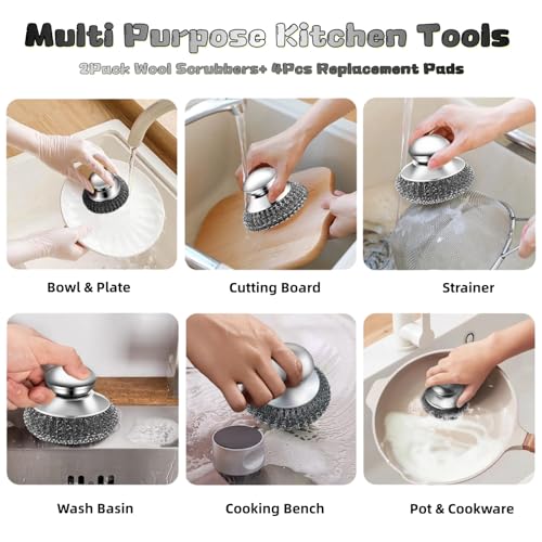 6 Pcs Steel Wool Scrubber Set, Stainless Steel Scrubber with Handled Replacement Metal Wire Pads for Cleaning Dishes, Cast Iron, Stock Pots, Pans, Griddles, Grills
