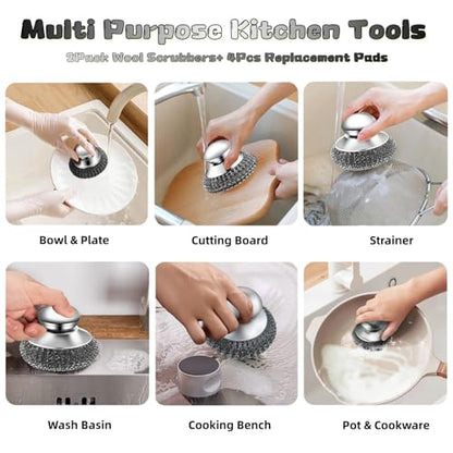 6 Pcs Steel Wool Scrubber Set, Stainless Steel Scrubber with Handled Replacement Metal Wire Pads for Cleaning Dishes, Cast Iron, Stock Pots, Pans, Griddles, Grills