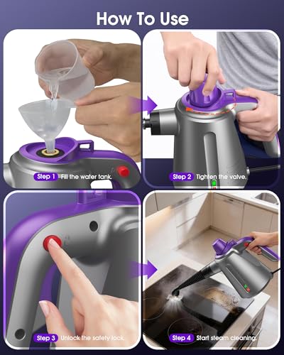 Handheld Steam Cleaner for Home, Pressurized Multi Purpose Steamer for Cleaning Upholstery Bed Furniture Couch Carpet Car with 14 Accessories & Safety Lock, Small Container for Grease