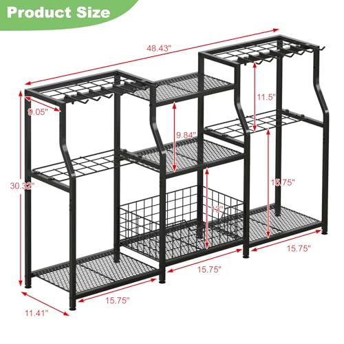 keomaisyto Garden Tool Organizer, Heavy Duty Yard Tool Tower Rack for Garage Organization and Storage, 3 Tier Utility Garden Tool Rack with hooks for Garden/Shed/Garage/Yard/Basement/Lawn - size: XXL-48.45"W x 11.42"D x 30.32"H