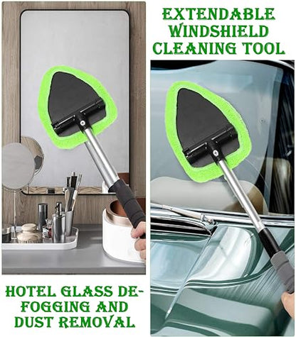 Car Windshield Cleaner Tool with Reusable Microfiber Pads Extendable Handle (1, Green) - color: Green