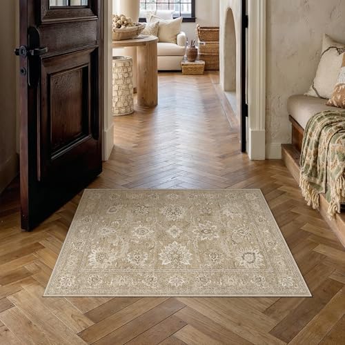HUGEAR 2x3 Entryway Rug Machine Washable Light Brown Vintage Rug Room Decor Distressed Small Area Rugs Indoor Door Mat Low Pile Non Slip Carpet for Kitchen Living Bedroom Soft Lightweight - color: Light Brown, size: 2' x 3' (Rectangular)
