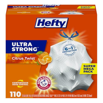 Hefty Ultra Strong 13 Gallon Trash Bags, Tall Kitchen Trash Bags 13 Gallon Size, Drawstring Closure, Continuous Odor Control, White, Citrus Twist Scent, 110 Bags - size: 110 Count (Pack of 1), style: Citrus Twist