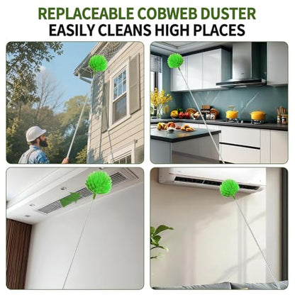 Cobweb Duster with Extension Pole, Washable Cleaning Duster Set with 2 Duster Heads, Corner Brush, 15-110-Inch Telescoping Pole for high Ceiling Fans, Long Duster for high Ceilings，Spider Web Brush
