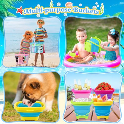 Collapsible Beach Buckets for Kids, 4 Packs Foldable Sand Buckets and Shovels with Mesh Beach Bag, Silicone Sand Pails for Toddlers Beach Toys, Easter Egg Hunt, Camping, Travelling, Fishing Water Pail - style: 4 Buckets