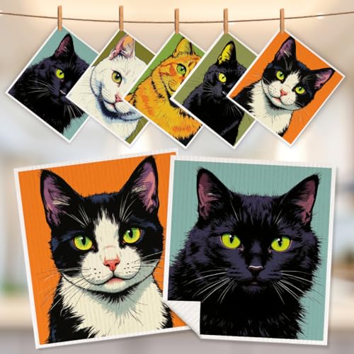 5 Pcs Cat Portrait Swedish Dishcloths, Kitten Themed Swedish Dishcloth, Spring Summer Dish Cloths for Drying Dishes, Reusable Cleaning Cloths, Housewarming Gifts for Women - color: Lm 04247