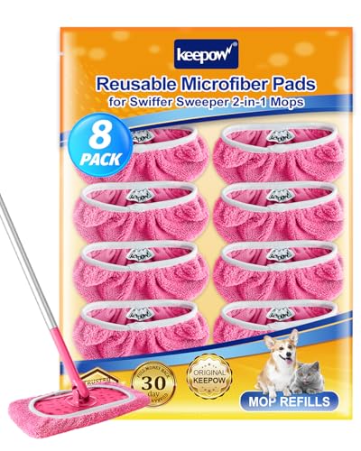 KEEPOW 8 Pack Pink Reusable Mop Pads with Laundry Bag for Swiffer Sweeper | Washable coral fleece pads for wet/dry mopping, Fits standard 10-12" flat mops, 8-pack includes mesh laundry bag - color: 8 Pack Pink