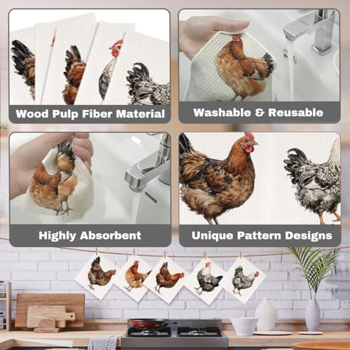 5 Pcs Rustic Chicken Swedish Dishcloths, Chick Swedish Dishcloth, Artistic Dish Cloths for Drying Dishes, Reusable Cleaning Cloths, Housewarming Gifts for Women 2 - color: Lm 04238