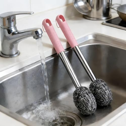 2PCS Steel Wool Scrubber with Handle Rustproof, Cast Iron Scrubber, Stubborn Messes Pot Brush, Remove Dirt for Cleaning Stoves,Sinks Dishes Grills Bowls & Metal Wire Sponge for Kitchens - color: Pink