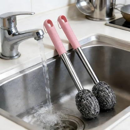 2PCS Steel Wool Scrubber with Handle Rustproof, Cast Iron Scrubber, Stubborn Messes Pot Brush, Remove Dirt for Cleaning Stoves,Sinks Dishes Grills Bowls & Metal Wire Sponge for Kitchens - color: Pink
