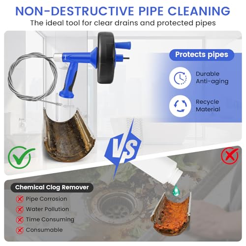 XJX Drain Auger, Plumbing Snake with Drill Adapter, 25FT Flexible Steel Drain Clog Remover, Manual or Powered for Kitchen, Bathroom & Shower Sink, with Gloves and Storage Bag - color: Bule