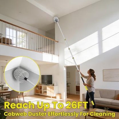 20FT High Reach Cobweb Duster with Extension Pole, Spider Web Brush for Cleaning with 3-12FT Telescopic Pole, 8" Larger Extendable Duster for High Indoor & Outdoor Webs - size: 12FT