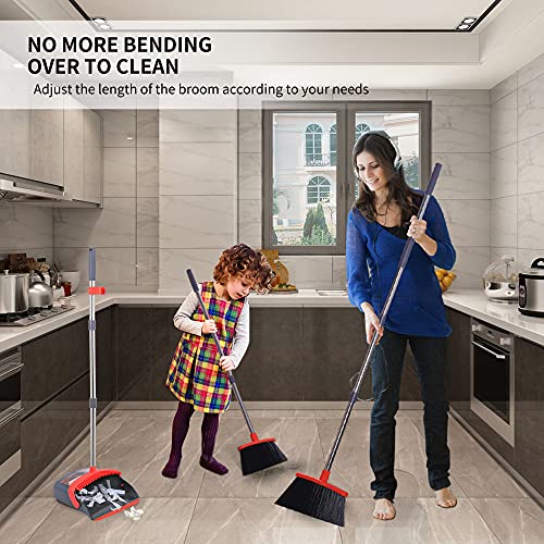 Broom with Dustpan Combo Set Broom and Dustpan Set Dust Pan with Stainless Steel Long Handle, Brooms with 5-Layer Soft Bristles for Sweeping Office Kitchen Home Pet Hair Lobby - color: Purple&red
