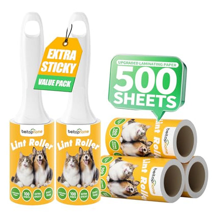 Extra Sticky Lint Roller for Pet Hair – 500 Sheets, Reinforced 2 Handles, Dog & Cat Hair Remover for Clothes, Carpet, Furniture - size: 500Sheets+2 Handles
