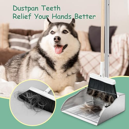 Metal Dust Pans with Long Handle,Heavy Duty Dust Pan with Handle,Upright Stand Up Dustpan with Dust Pan Teeth to Clean Hair for Home Kitchen Office Lobby Floor Garden - size: 36 inches